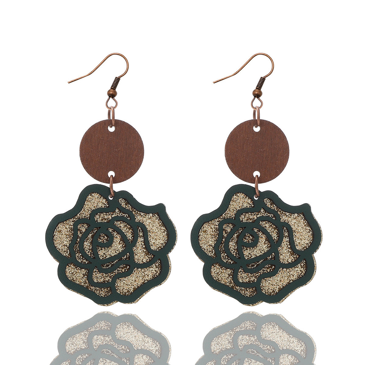 Wholesale Rose Flower Vintage Double Leather Wood Chip Earrings