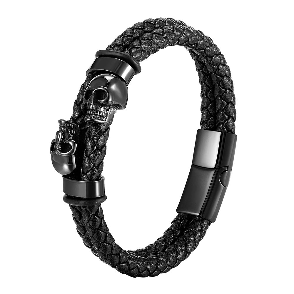 Wholesale Skeleton Stainless Steel Leather Multi Layer Men's Bracelets