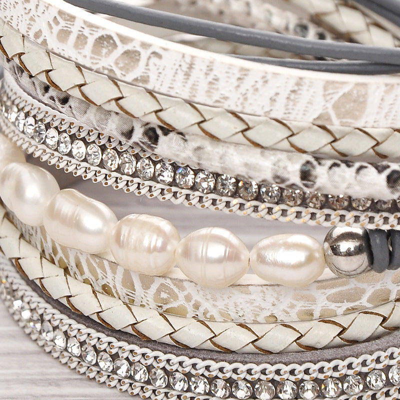 Wholesale Freshwater Pearl Cowhide Rope Bracelet with Diamond Multi-layer Magnet Buckle