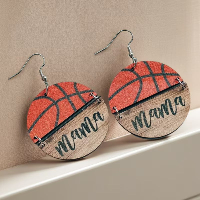 Wholesale Mother' s Day wooden earrings Sports softball basketball wooden round earrings