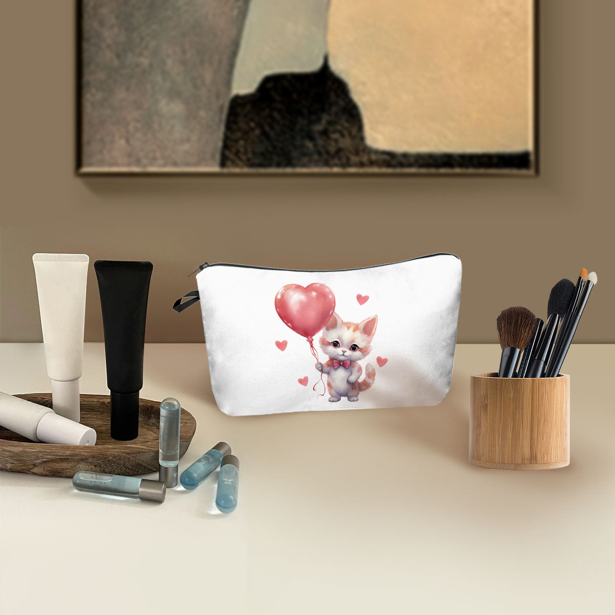 Wholesale Valentine's Day Love Cat Printed Polyester Makeup Bag