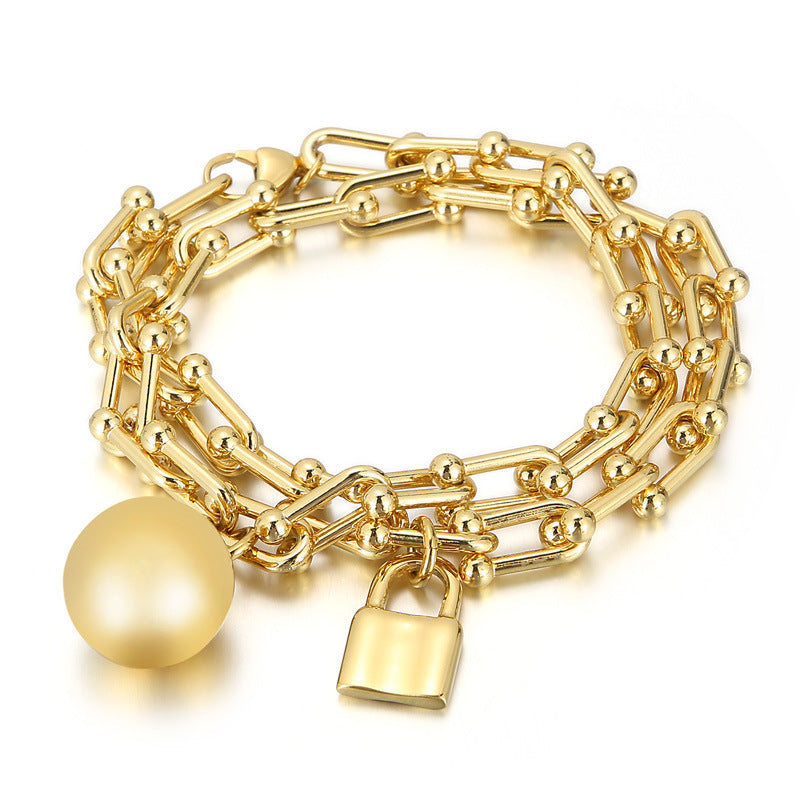 Wholesale Double Layer Horseshoe Ball Gold Plating Steel Bracelet