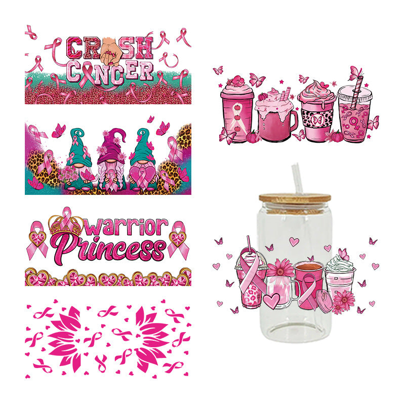 Wholesale Pink Cartoon Cute Anti-Cancer Theme 16oz Cup UV DTF Wraps