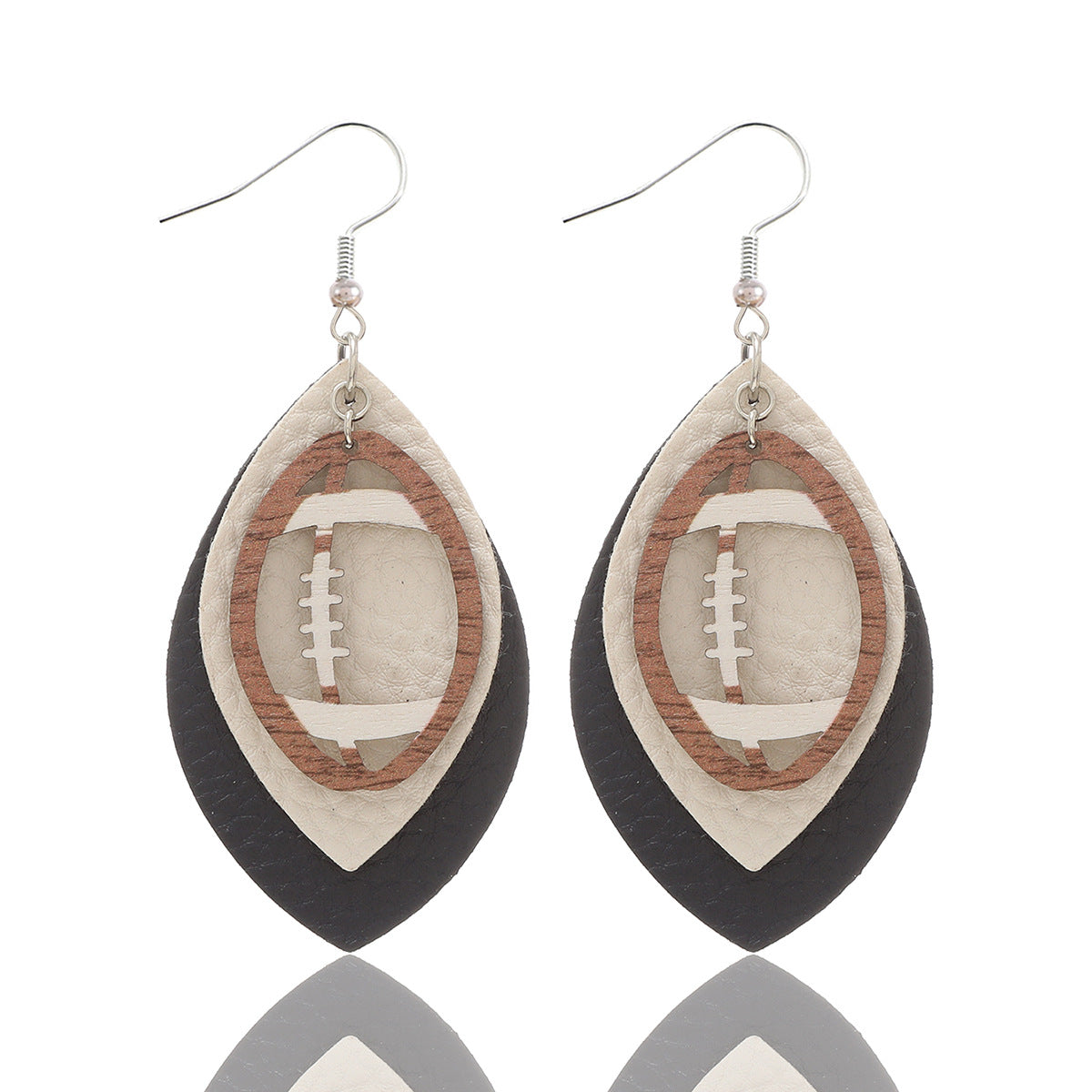 Wholesale Sports Style Rugby Brown Leopard Print Leaf Three-layer Leather Dot Diamond Rugby Earrings