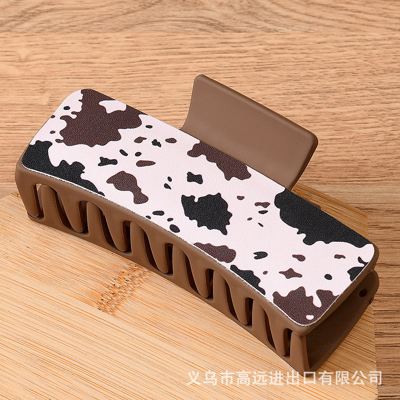 Wholesale Trendy PU Leather Square Shark Clip Hair Claw White Leopard Print Fashion Accessory Boutique Resale