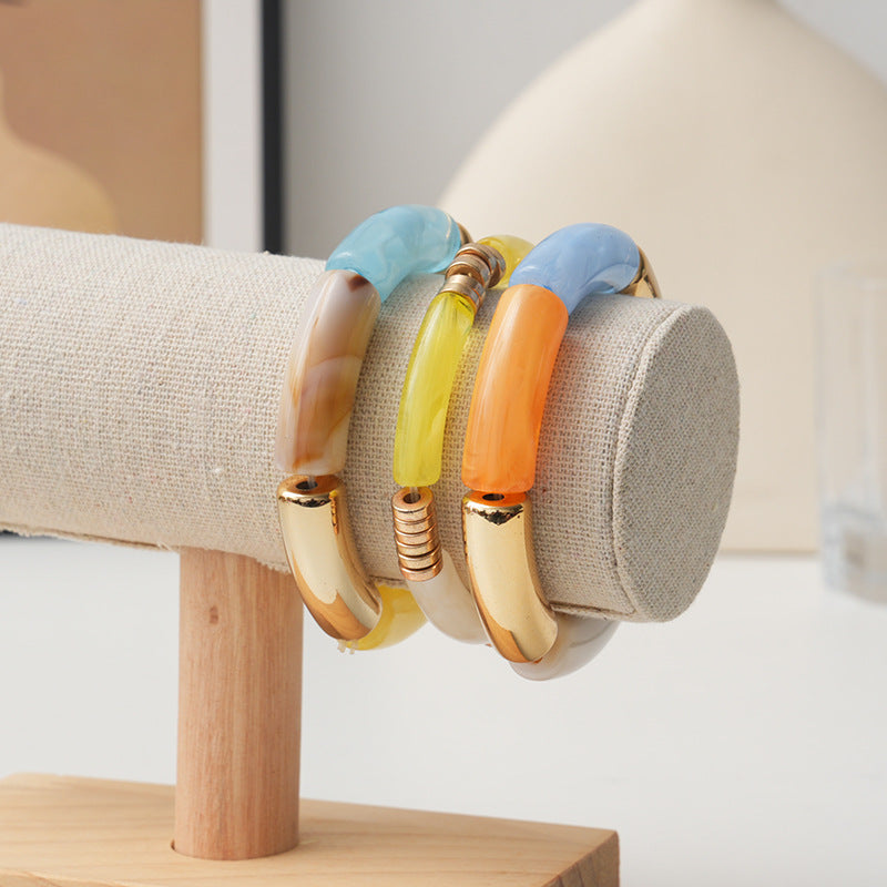 Wholesale Acrylic curved tube bracelet personalized bracelet curved bamboo tube multi-color retro marble bracelet