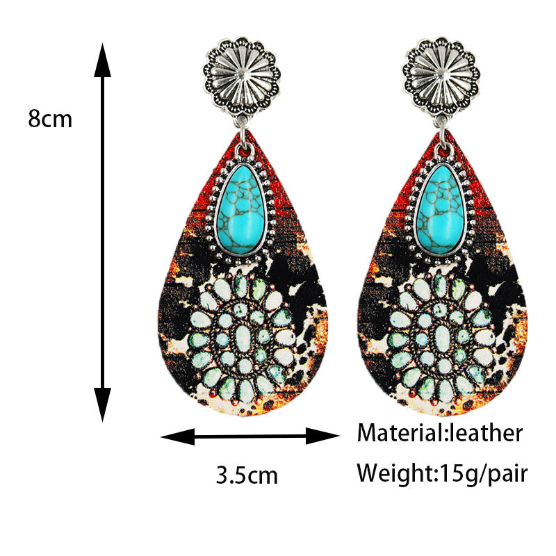 Wholesale Teardrop Leather Turquoise Vintage Ethnic Fashion Western Bohemian Earrings