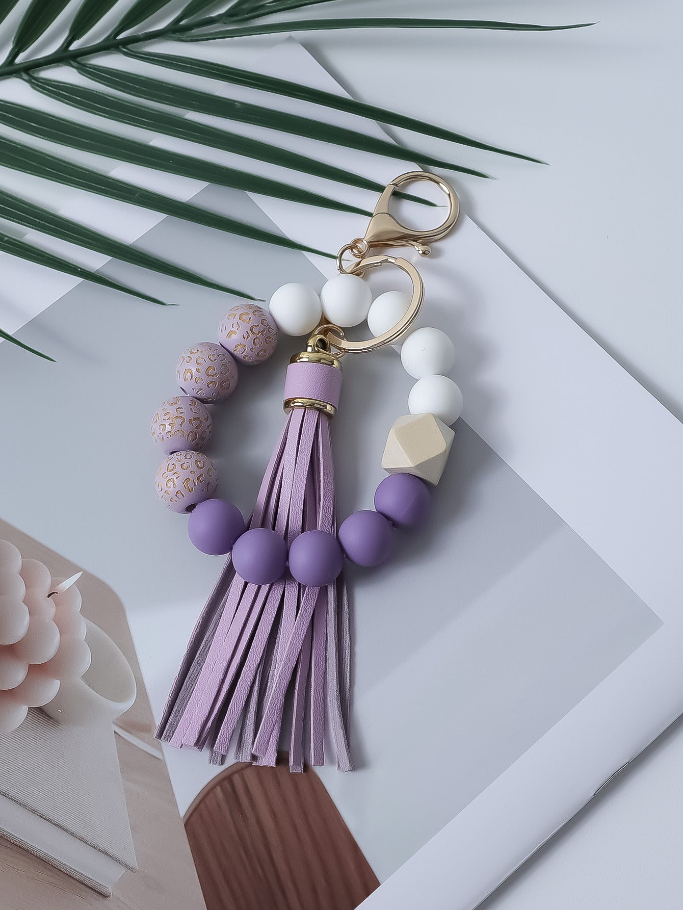 Wholesale Printed wooden bead bracelet with tassel wrist keychain