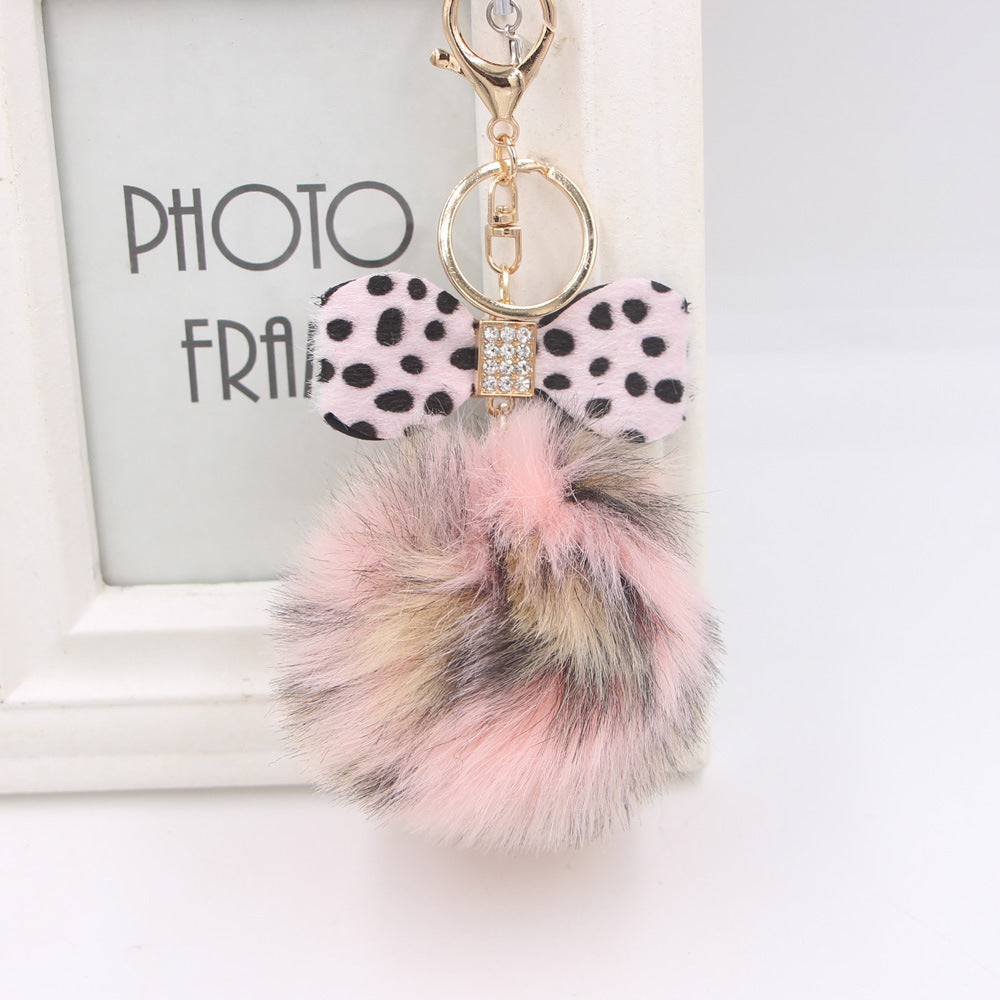 Wholesale Chic Leopard Print Bow Pom Pom Leather Keychain Car Key Accessory Gift