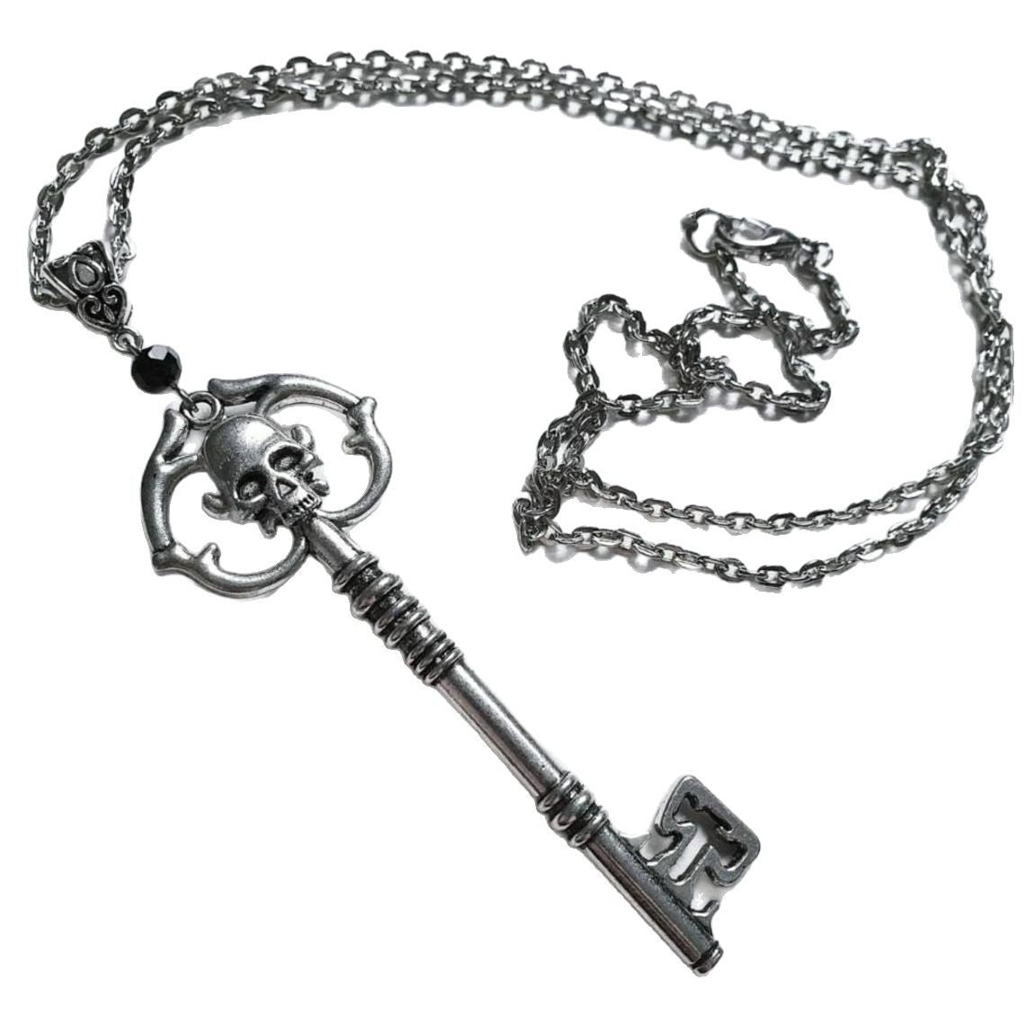 Wholesale Gothic Antique Silver Skull Key Crystal Necklace