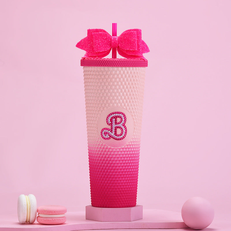 Wholesale Double-layer Plastic 710ml Large Capacity Straw Cup with Glitter Bow Tie Hand Cup Durian Cup