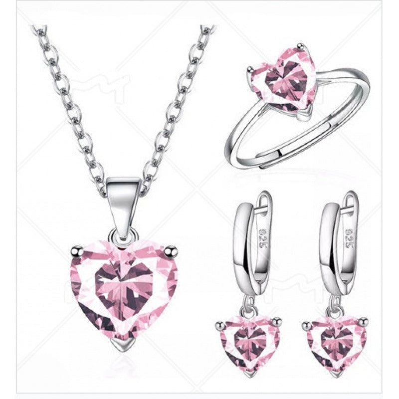Wholesale Three-Piece Set of Heart Zircon  Heart-Shaped Copper Earrings Ring Necklace