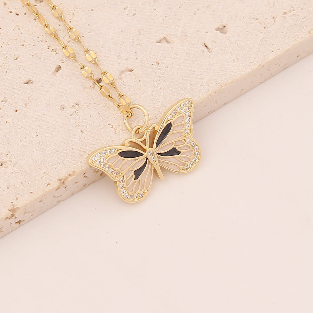 Wholesale Drip Oil Butterfly Copper Micropaved Zircon Pendant Stainless Steel Necklaces