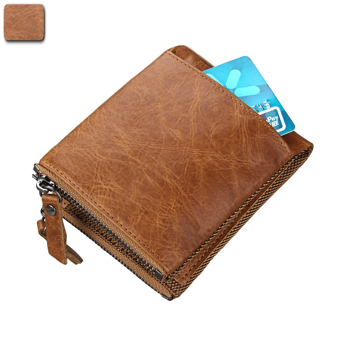Wholesale Crazy Horse Cowhide Leather Wallet Double Zipper Coin Purse