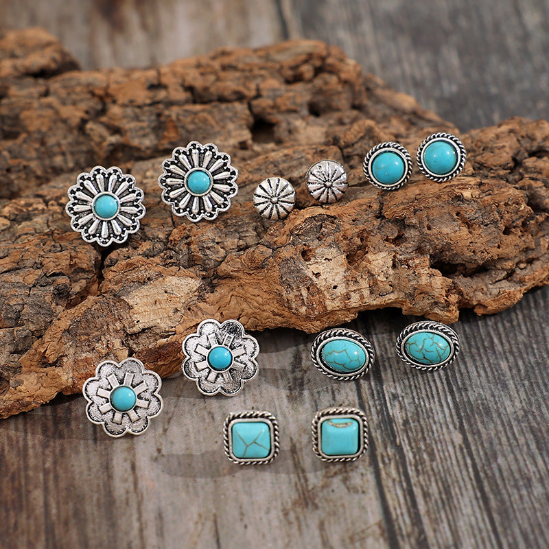 Wholesale Retro Western Style Geometric Multi-piece Set of Turquoise Stud Earrings