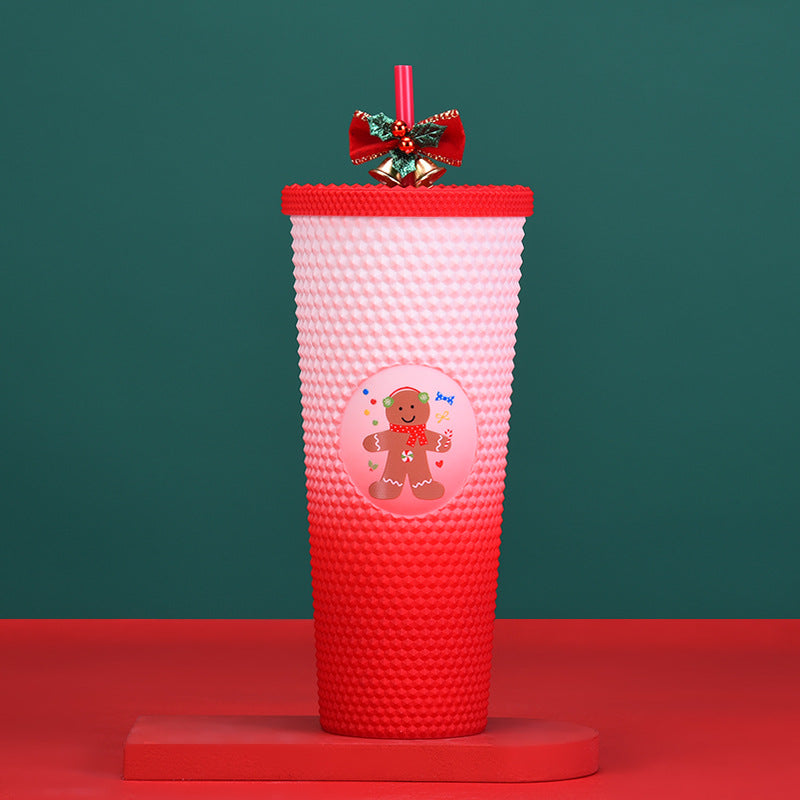 Wholesale 710ml Double Layer Plastic Suction Cup Durian Cup Tie Hand Cup Christmas Gradient Suction Cup