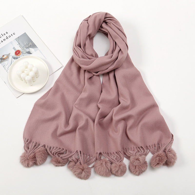 Wholesale Autumn and Winter Imitation Cashmere Scarves, Solid Color Tassel Wool Ball and Plush Necklaces