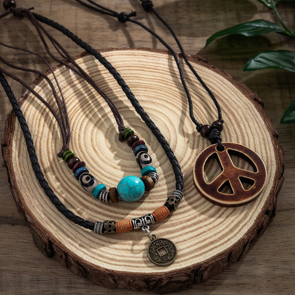 Wholesale Men's Wood Beads Pine and Peace Symbol Necklace