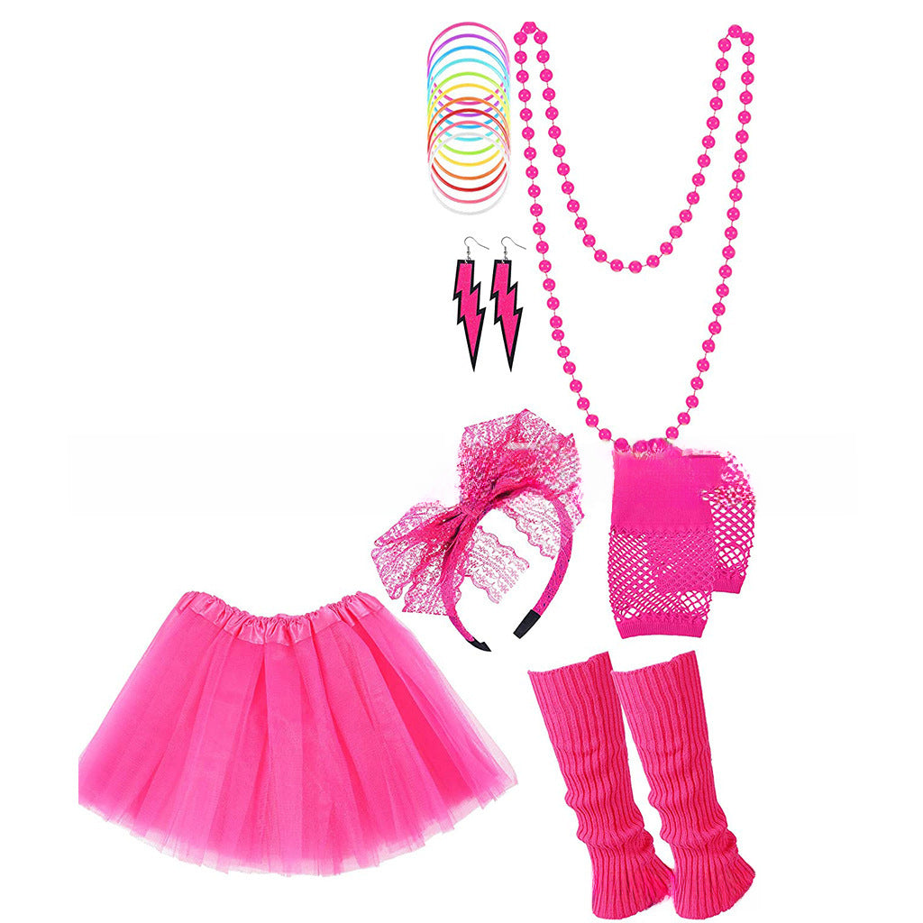Wholesale 80s Neon Theme Ball Party Accessories Lace Bow Tie Necklace Lightning Earrings Tulle Skirt Suit
