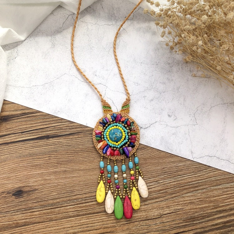 Wholesale Handmade Bohemian Vintage Natural Gravel Tassel Braided Necklace