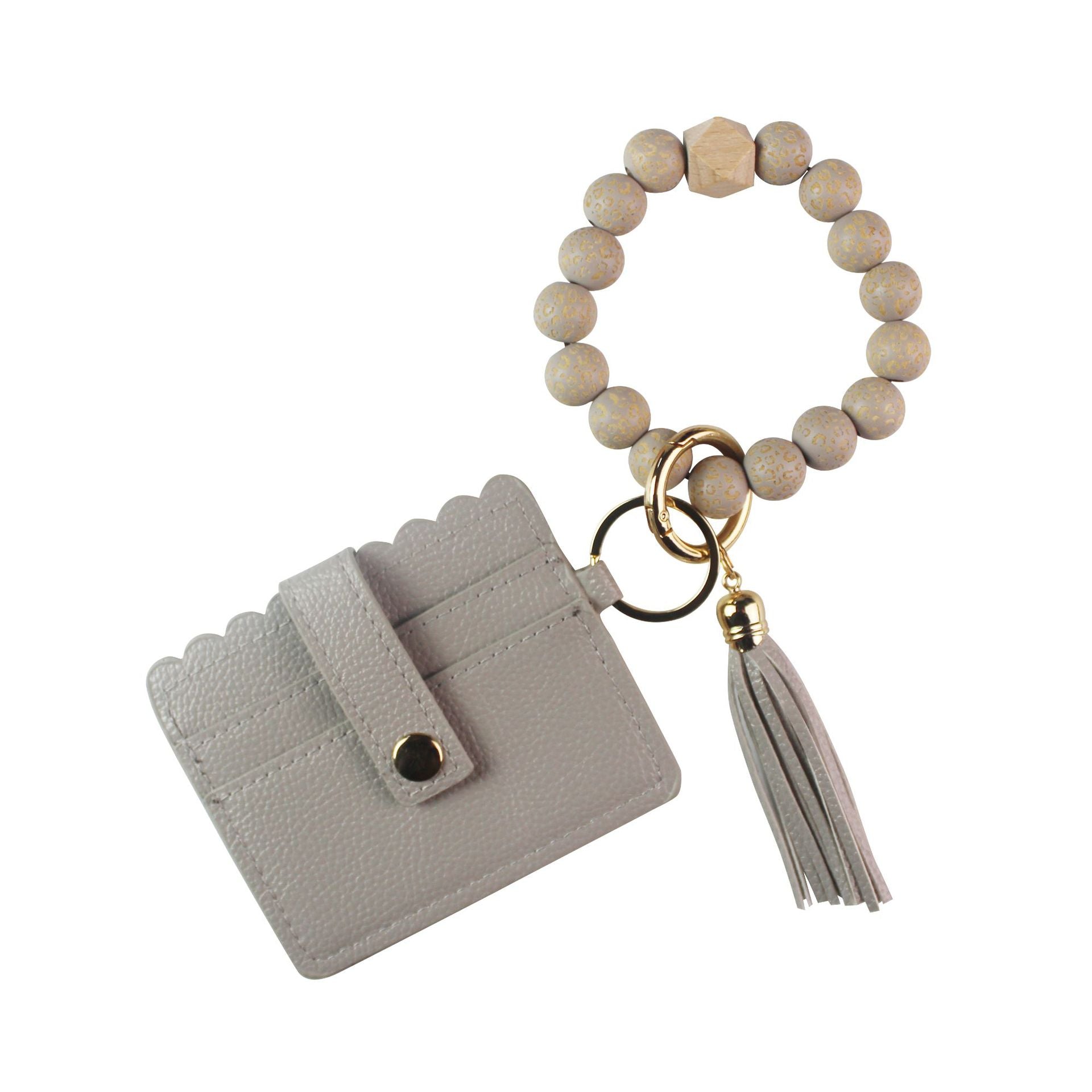 Wholesale Leopard Pattern Wood Bead Card Bag Tassel Wrist Keychain