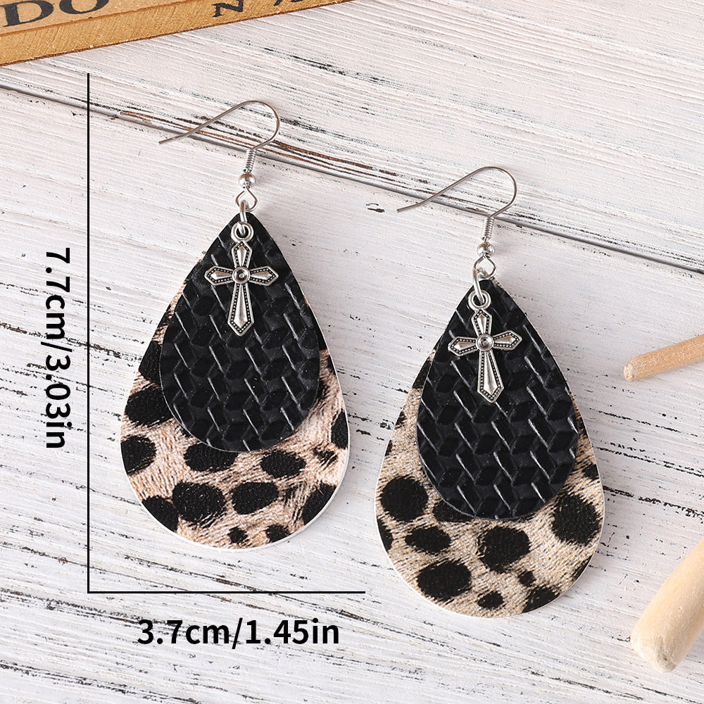 Wholesale Western style leopard print double-layer teardrop cross PU earrings