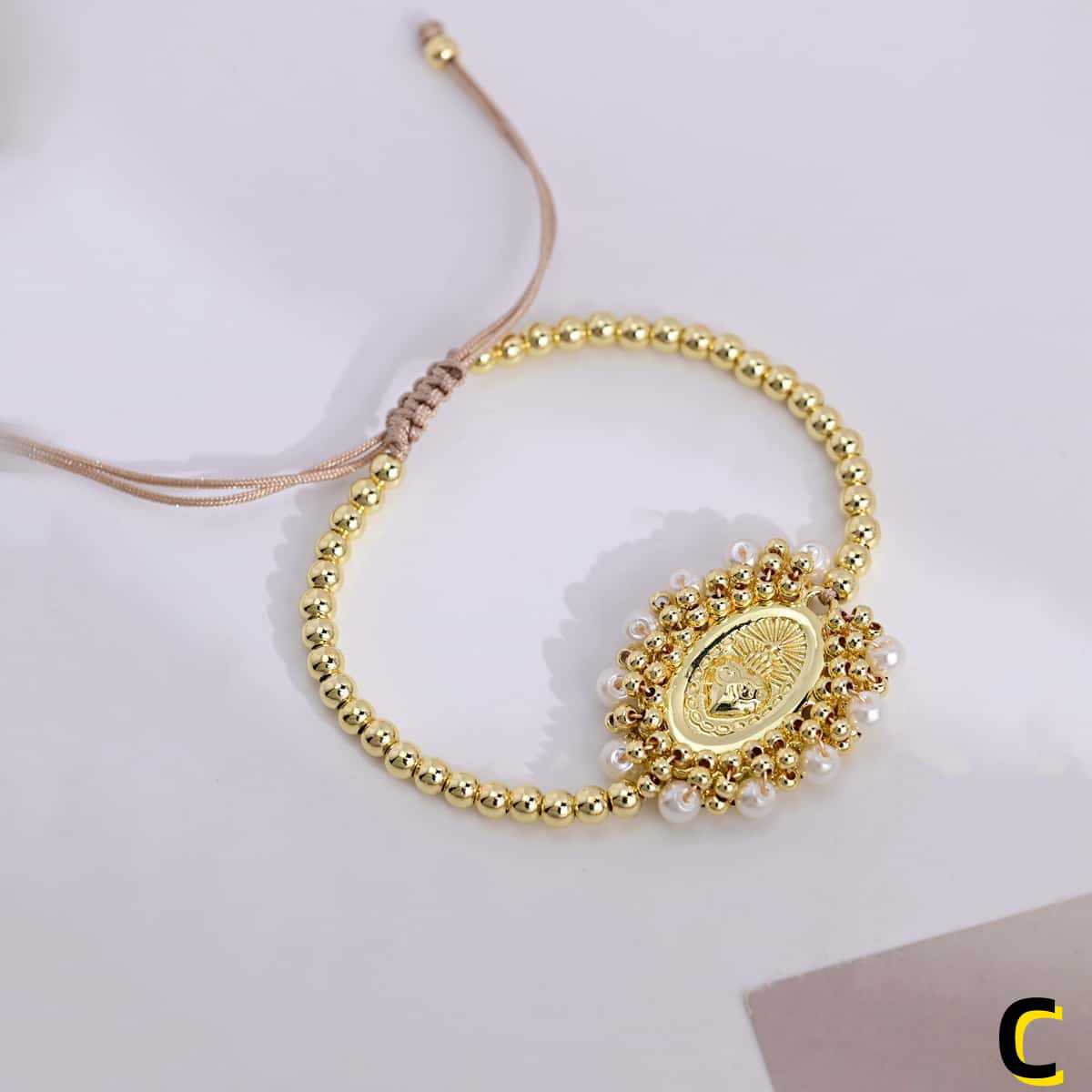 Wholesale Gold plated copper bead pearl adjustable drawstring layered bracelet