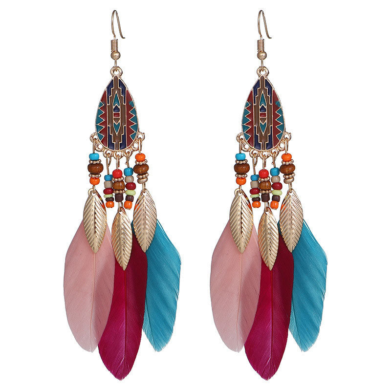Wholesale Retro Pattern Long Rice Bead Tassel Earrings