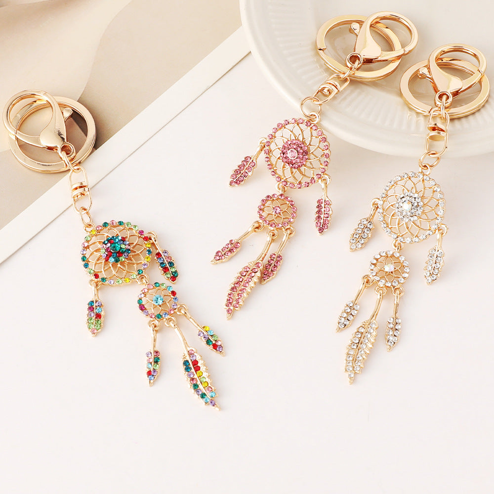 Wholesale Rose gold rhinestone tassel feather dreamcatcher design keychain