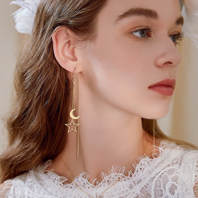 Wholesale Star Moon Hollow Tassel Long Ear Chain Earrings Trendy Jewelry Accessory Gift Boutique Resale