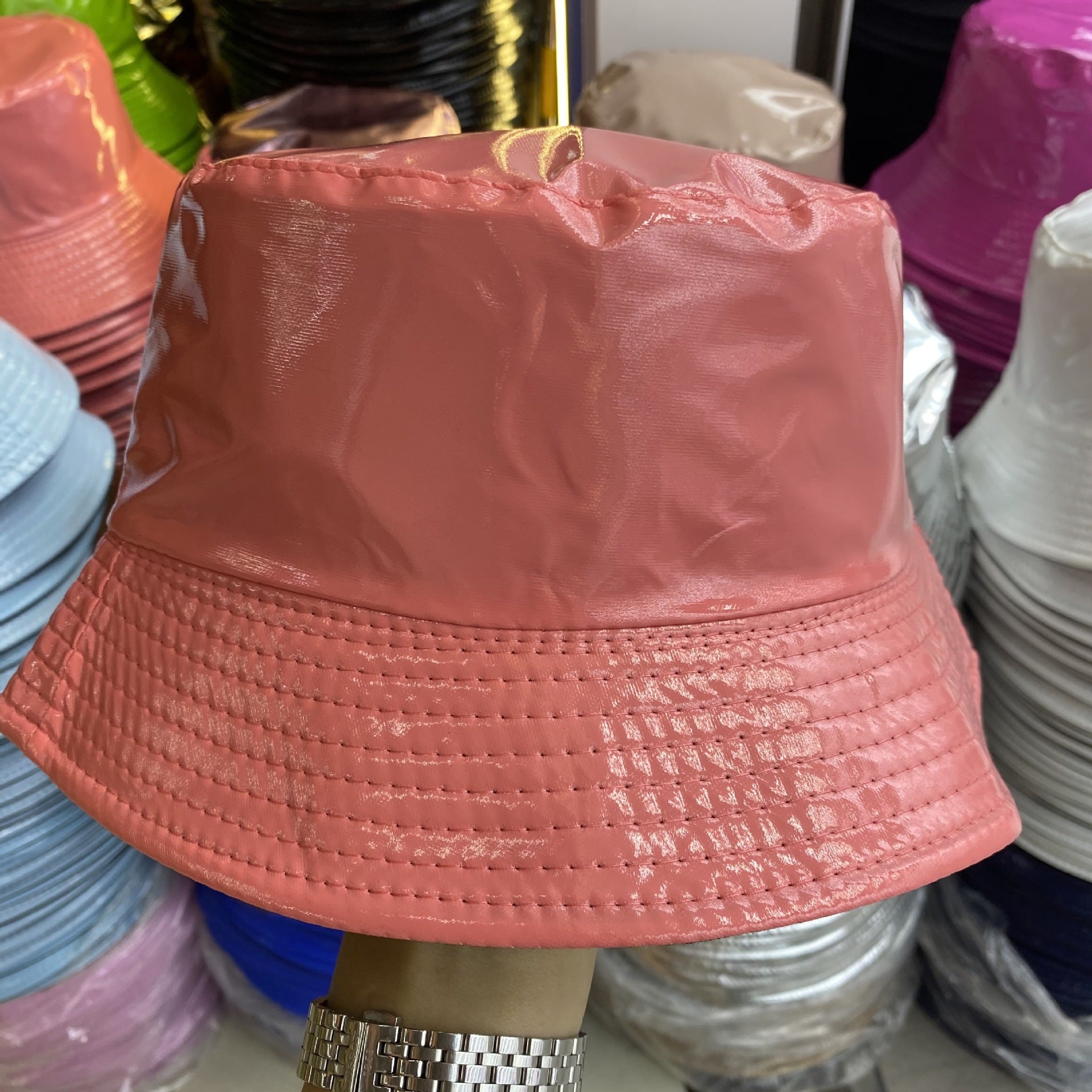 Wholesale of Solid Color Patent Leather with Polyester Fisherman Hats on Both Sides