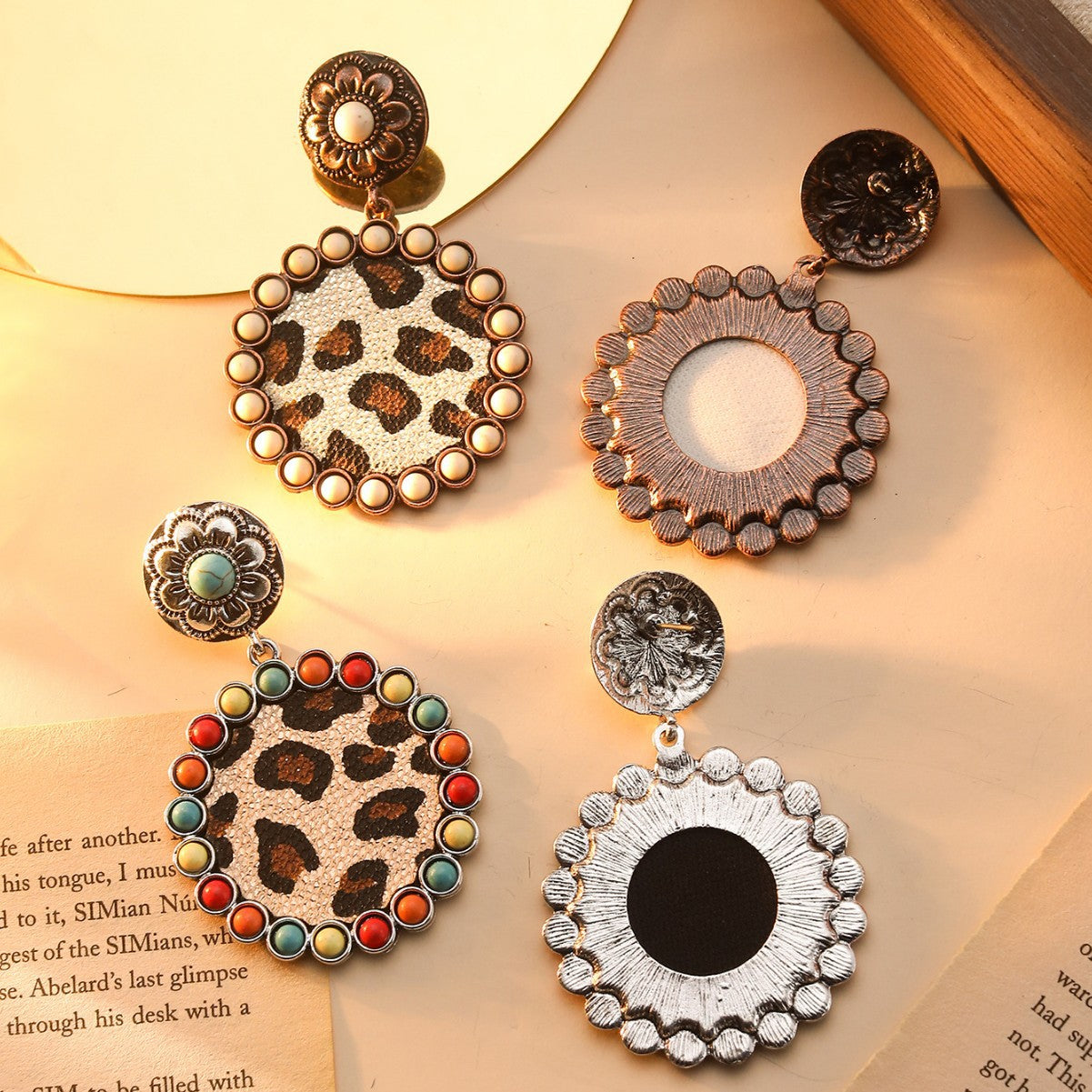 Wholesale Exaggerated retro Bohemian colorful turquoise leopard print earrings