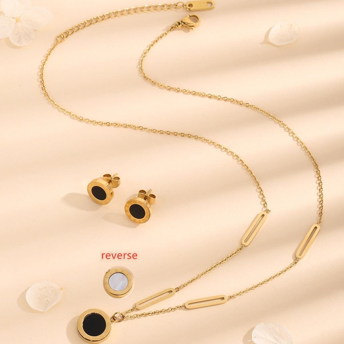 Wholesale Golden Titanium Steel Double  Sided Roman Numeral Circle Necklace Earrings