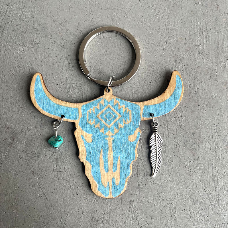 Wholesale Western Cowboy Bullhead Turquoise Feather Vintage wooden keychain