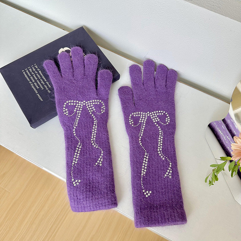 Wholesale Bright Diamond Bow Knit Long Touch Screen Warm Split Finger Gloves