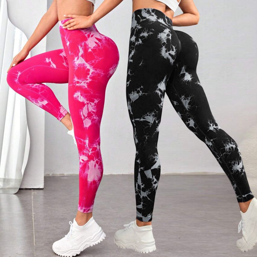 Wholesale new quick-drying tie-dyed yoga pants seamless stretch tight sports pants Peach Hip lifting fitness pants