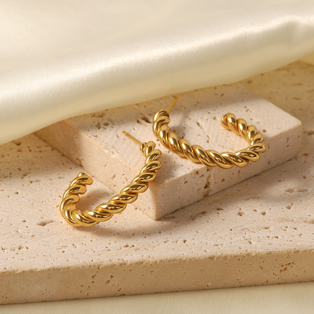 Wholesale 18K Gold Twist Geometric C-shaped Stainless Steel Earrings
