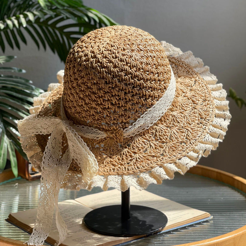 Wholesale Summer Lace Folding Straw Hat Hand-woven Hollow Bow Sun Hat