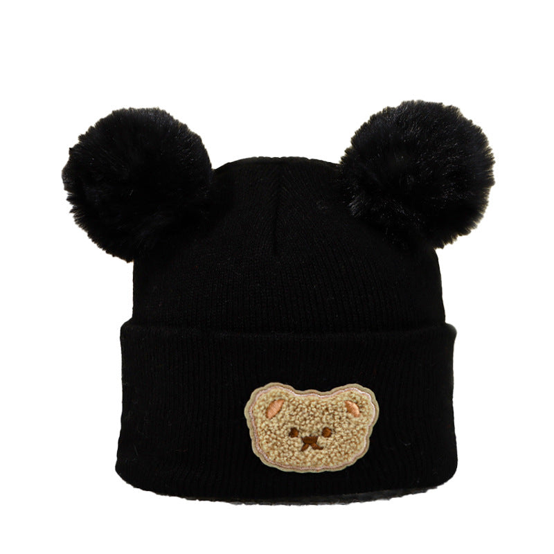 Wholesale Children's Fur Ball Knitted Hat Bear Embroidered Warm Woolen Hat