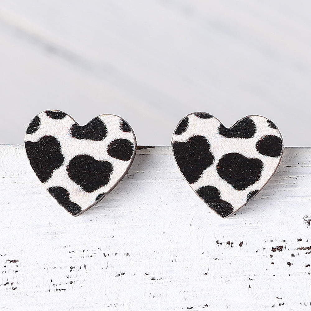 Wholesale  New Ethnic Western Denim Jewelry Dairy Pattern Love Cow Earrings Cute Wooden Earrings