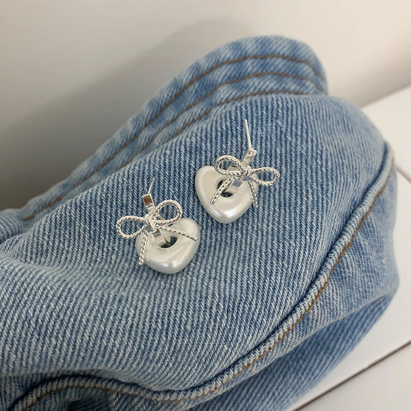 Wholesale Sweet French Bow Heart Pearl Earrings