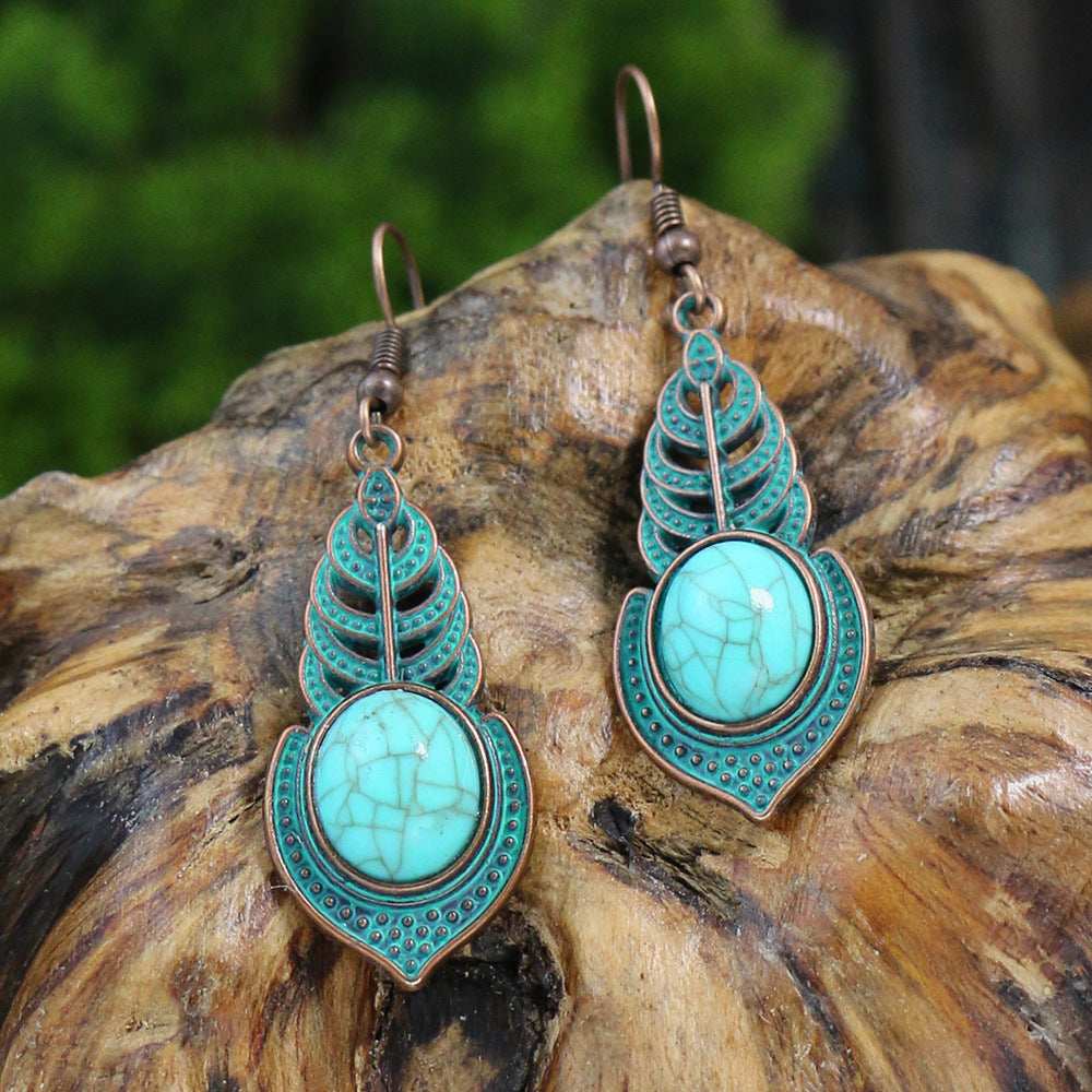 Wholesale Vintage Double Layer Turquoise Leaf Hollow Stud Earrings