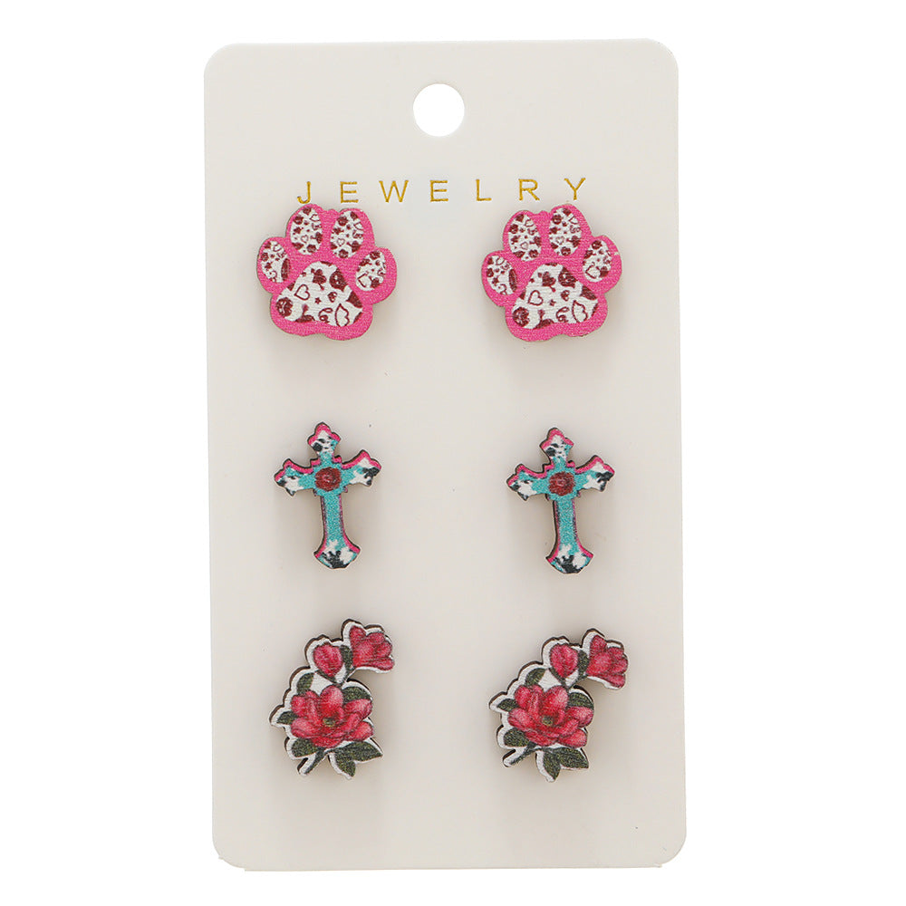 Wholesale Valentine's Day Cat Claw Cross Rose Wooden Earrings