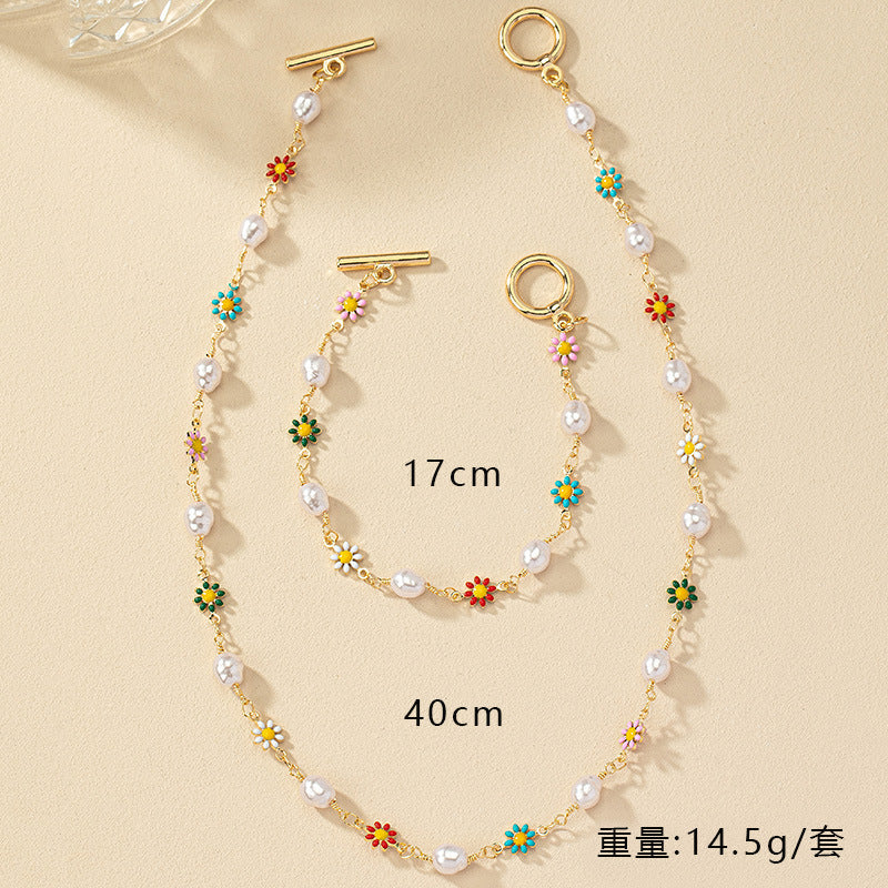 Wholesale Flower Heart Pearl Bracelet Necklace Set For Women Alloy Electroplated Trendy Gift Boutique Resale Fashion Jewelry