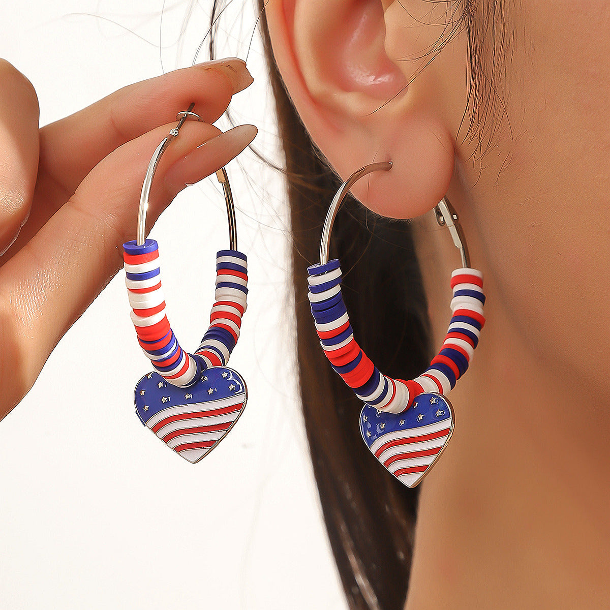 Wholesale Independence Day Heart Flag Hoop Zinc Alloy Earrings
