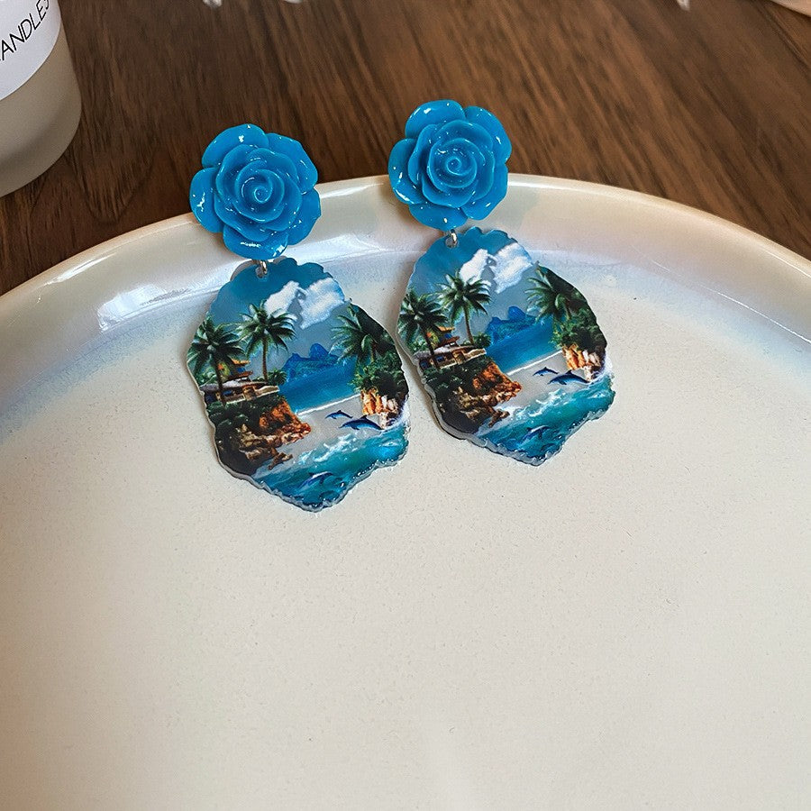 Wholesale Silver Needle French Oil Painting Sunflower Earrings