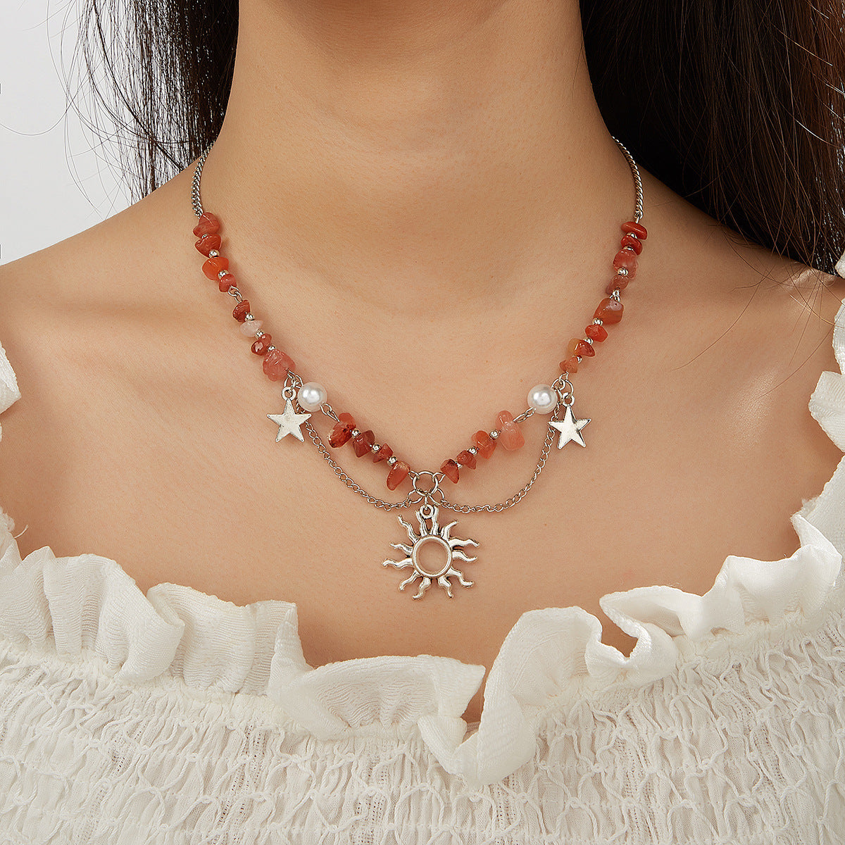 Wholesale Beaded Tassel Sun Star Necklace Colorful Irregular Gravel Collarbone Necklace