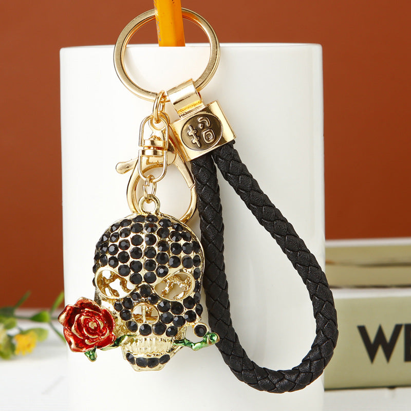 Wholesale Diamond Inlaid Rose Skull Metal Keychains