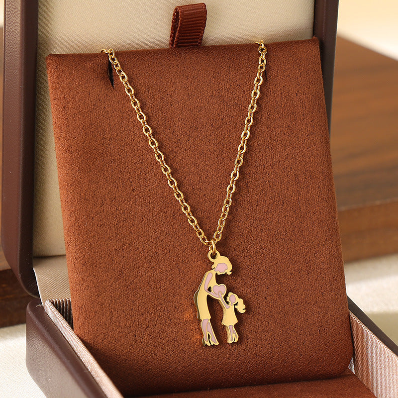 Wholesale Mother' s Day Diamond studded Hollow Moon Love Stainless Steel Necklace
