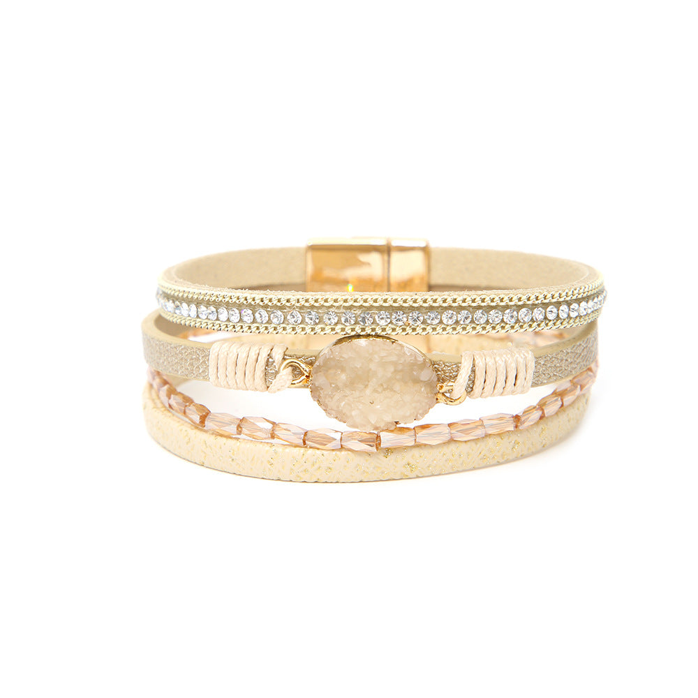 Wholesale Crystal Studded Vintage Ethnic Style Beaded Leather Bracelet